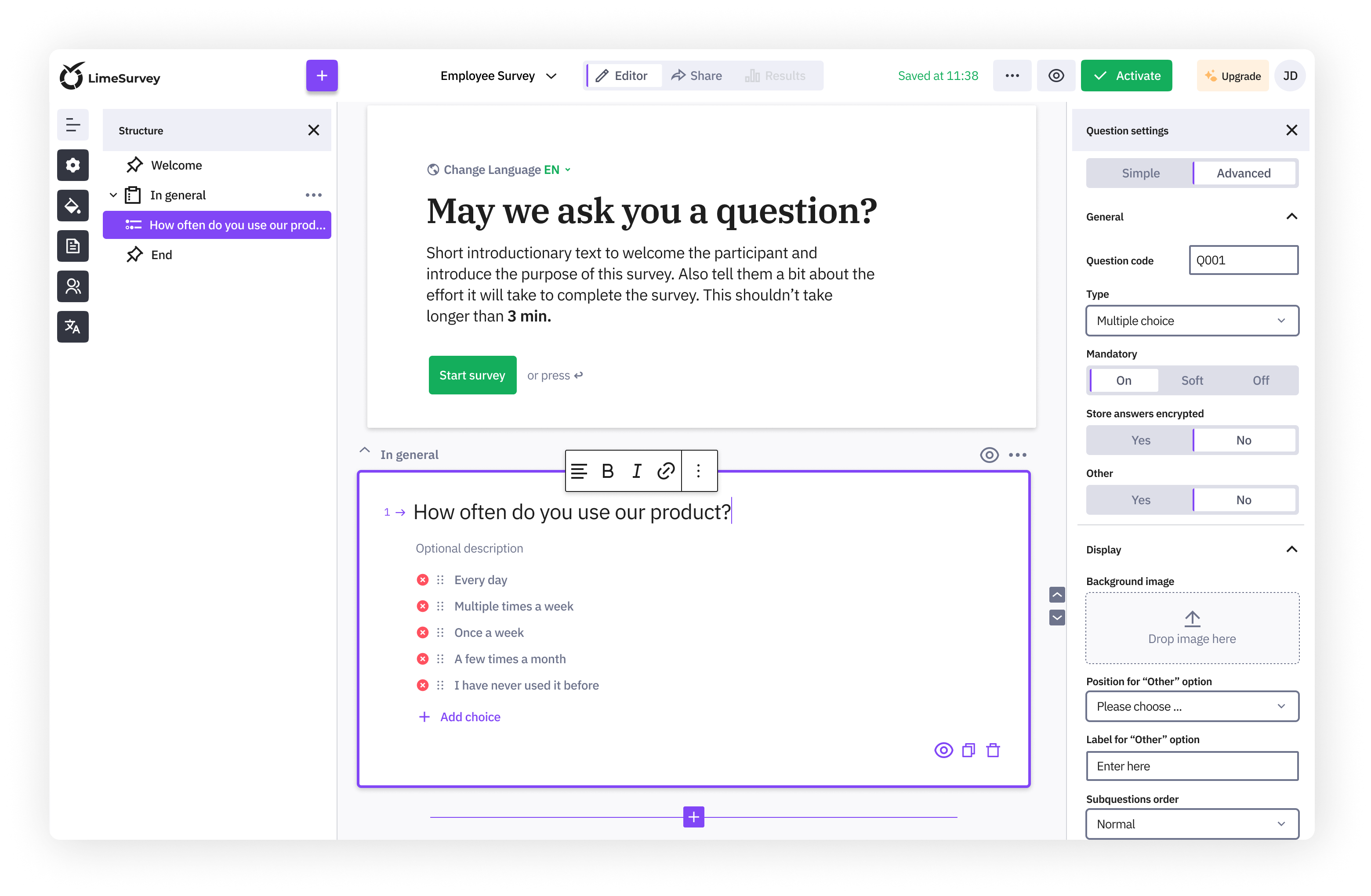 Advanced question settings